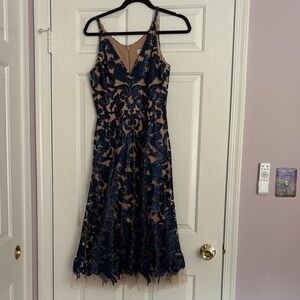 Dress the Population Navy Blue Floral Lace Dress with Nude Underlay